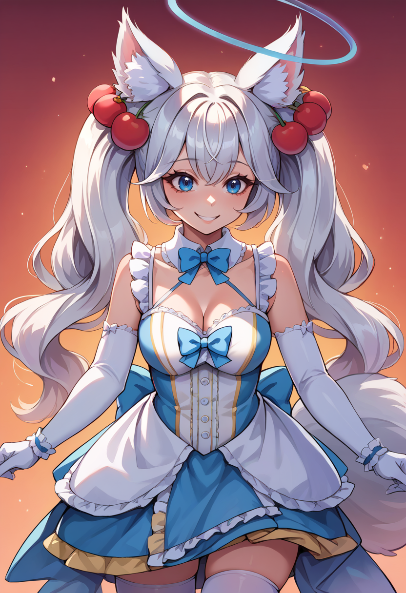 score_9, score_8_up, source_anime, 1girl, solo, KirscheBase, animal ears, long hair, twintails, hair ornament, halo, tail, detached collar, frilled collar, white elbow gloves, multicolored dress, blue dress, cleavage, blue bow, white thighhighs, smile, outstreched arms, happy, <lora:ChamKirscheVerstahlPonyXL:1>