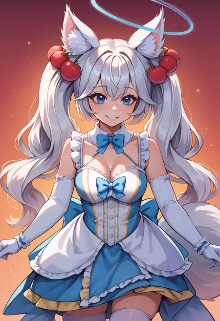 score_9, score_8_up, source_anime, 1girl, solo, KirscheBase, animal ears, long hair, twintails, hair ornament, halo, tail, detached collar, frilled collar, white elbow gloves, multicolored dress, blue dress, cleavage, blue bow, white thighhighs, smile, outstreched arms, happy, <lora:ChamKirscheVerstahlPonyXL:1>