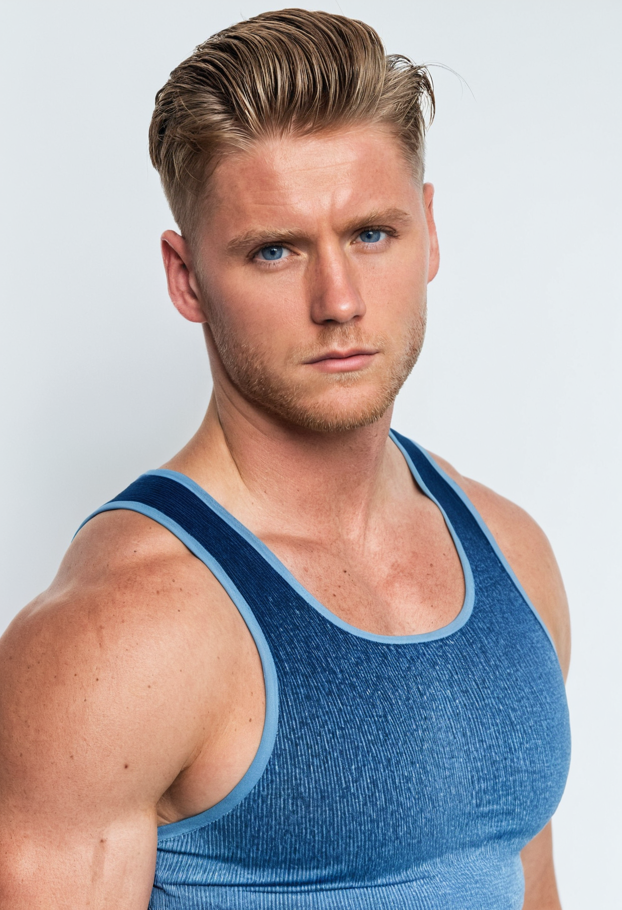<lora:patrick_henning_sdxl_v2-000006:0.8>, close-up editorial portrait of patrickhenning with a styled undercut hairstyle, wearing a form-fitting blue tank top, standing against a clean white background, neutral facial expression, sharp facial detail, soft gradient lighting, fashion photography aesthetic, photorealistic, high-resolution