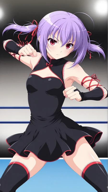 masterpiece, best quality, anime coloring, wrestling ring,
1girl,solo, ,dynamic pose, fighting stance,
<lora:Ami-Kurihara_lL_v01:1> ami-kurihara, purple hair, black thighhighs, black dress, detached sleeve, bridal gauntlets, red ribbon, small breasts