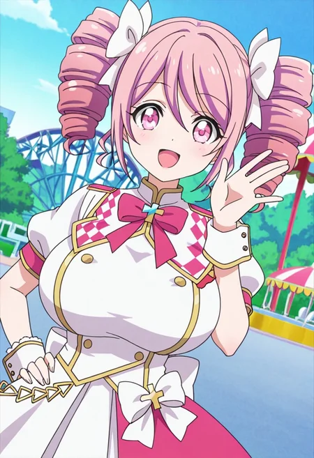 general,highres, ultra-detailed,very aesthetic,best quality ,best hands,best eyes,easynegative,
dynamic anglre, dutch angle, anime cloring,anime screencap,
1girl solo,looking at viewer,amusement park,smile,waving hand,open mouth,
Pino,pink_hair, twin drills, pink eyes, huge_breasts,hair ribbon,white idol costume,