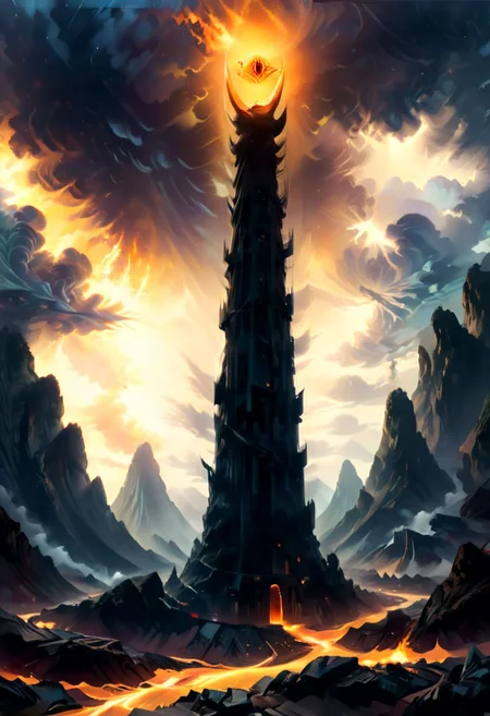 ((masterpiece, best quality)), high resolution, highly detailed, 32k picture, realistic, professional photo, cinematic, movie poster, flat colors, warm colors, SauronsTower,cloud, cloudy sky, mountain range, volcano,hyperkraximalism