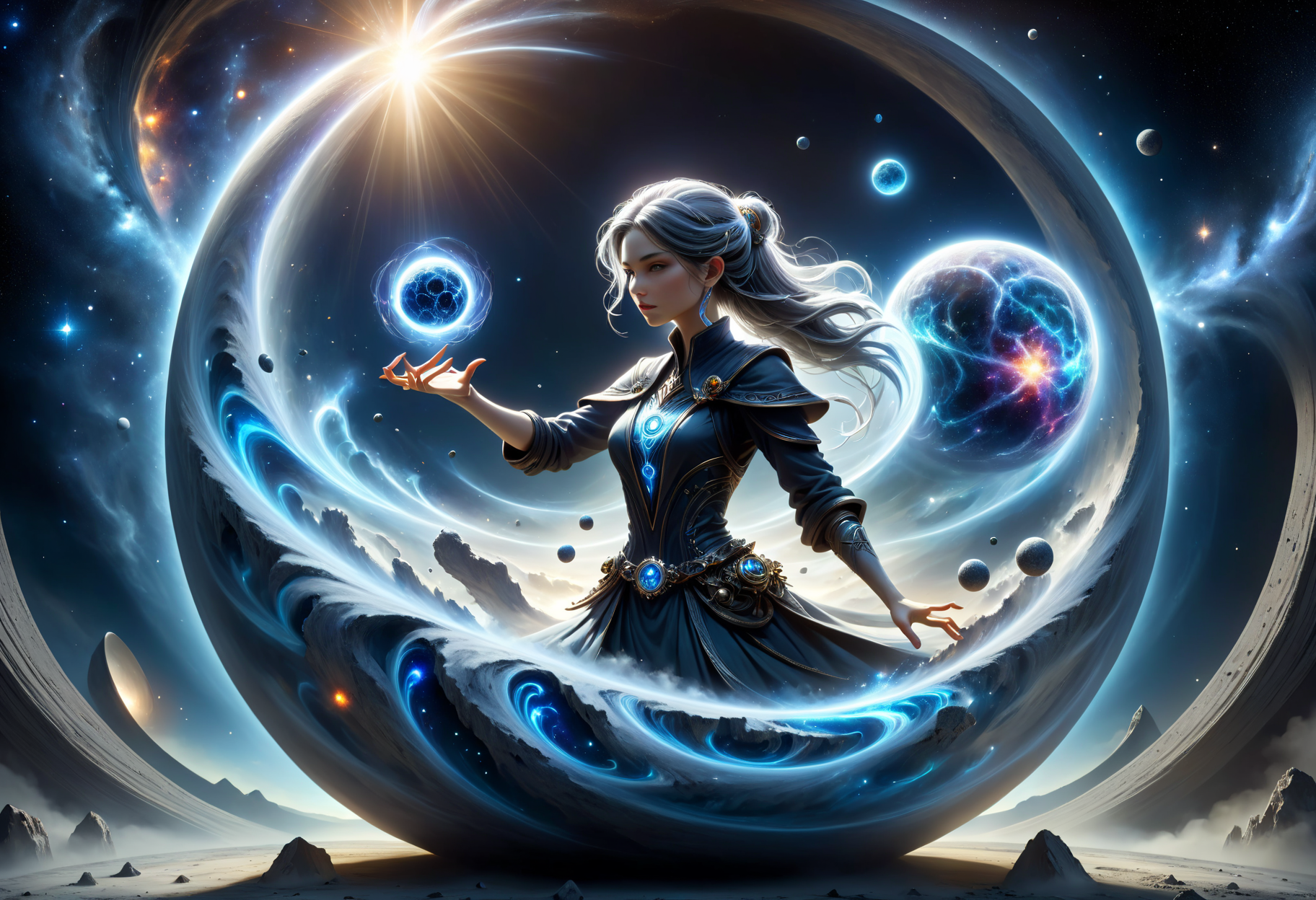 hyper detailed masterpiece, dynamic, awesome quality, female mystic  (amorphous,hemisphere,convection,programmable smart nanomaterials,precast concrete brownian motion,bluish-white fantasmagoric,alchemy,sorcery ,circle,perpendicular liness,cosmic dust,fantasmagoric,whimsical magic:1.0) DonMM4g1cXL <lora:DonMM4g1cXL_v1.2:0.7> <lora:Perfect Hands v2:1.0> Perfect Hands