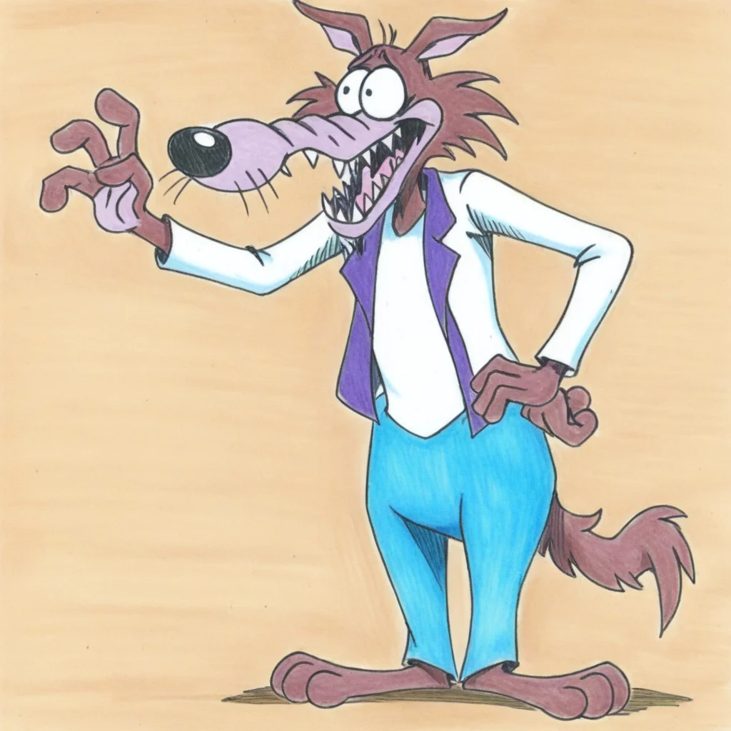 hand on hip, Tall_Anthro_Wolf, white shirt, barefoot, Standing, sharp teeth, full body, Tall, open mouth, Male Focus, whiskers, Wide Eyes, traditional media