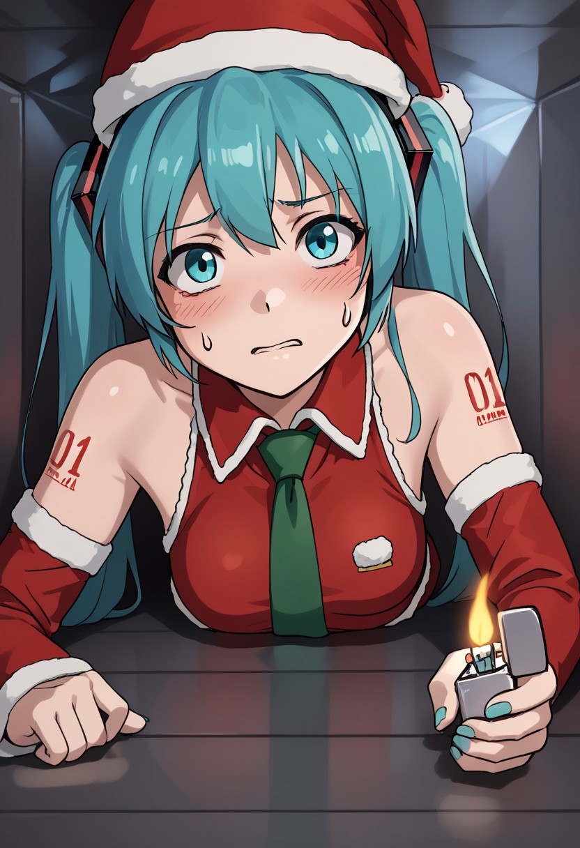 1girl, solo, hatsune Miku, santa hat, aqua hair, twintails, aqua eyes, necktie, collared shirt, red shirt, sleeveless, detached sleeves, red detached sleeves, tattoo, CEVCDH, crawling, on stomach, lying, cramped, holding lighter, lighter, fire, ventilation shaft, straight-on, nervous, sweatdrop