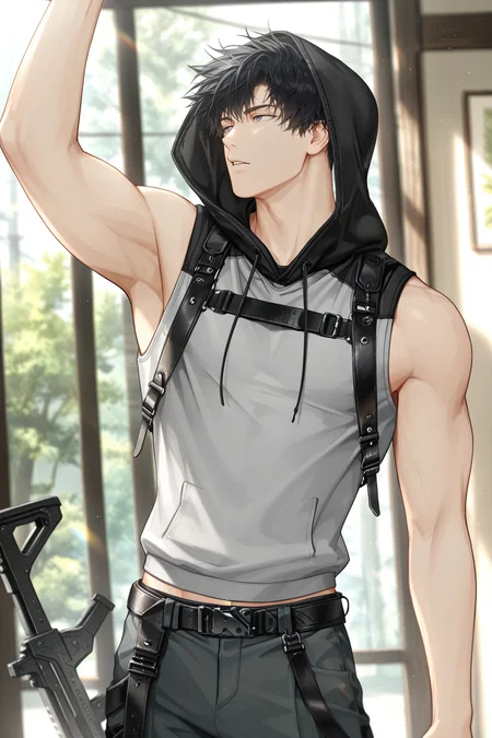 <lora:osborn-IL:0.8>,osborn, black hair, 1boy, short hair, male focus, solo, pants, belt, weapon, hood, sleeveless, facing to the side, hoodie, arm up, chest harness, sleeveless hoodie,bara,male focus,very awa,masterpiece,best quality,amazing quality,nsfw,uncersored,highres,best quality,amazing quality,best aesthetic,absurdres,