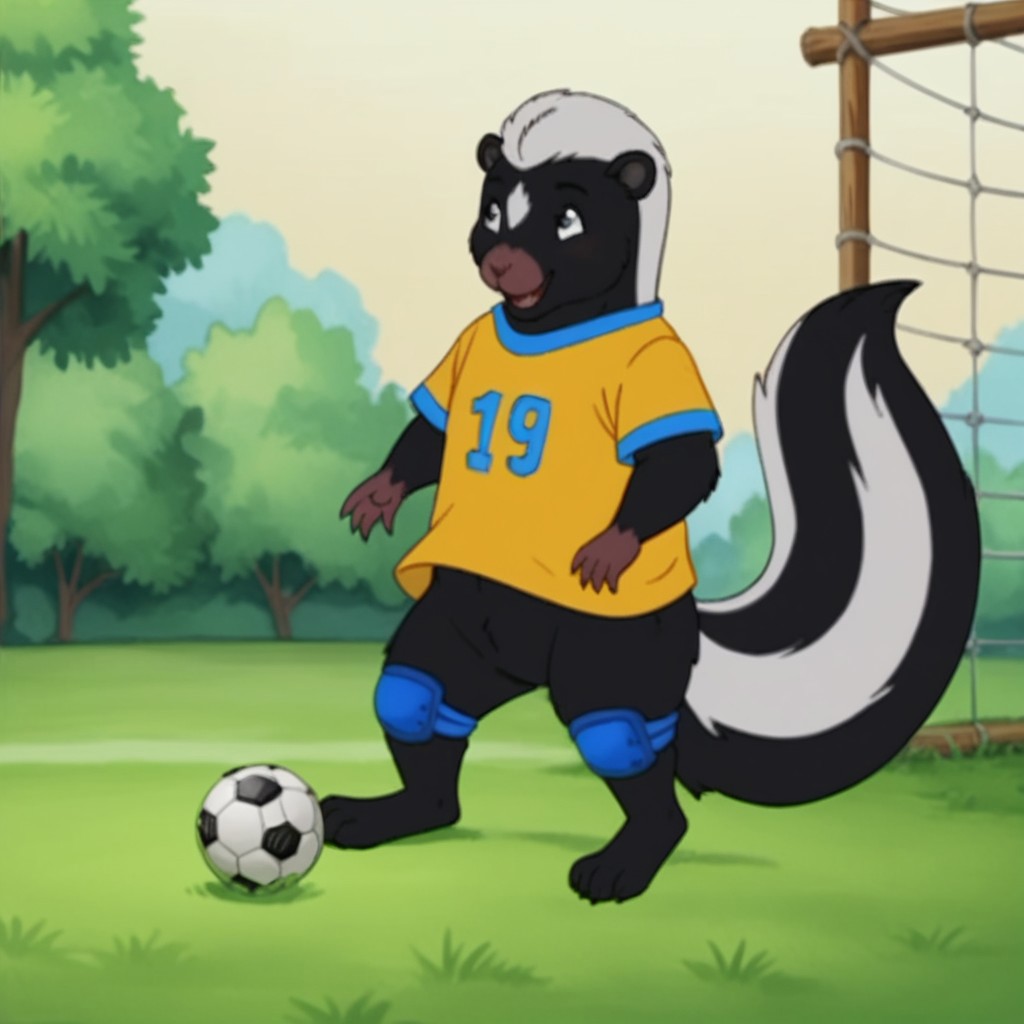 score_9, score_8_up, score_7_up, score_6_up, score_5_up, score_4_up, source_furry, skunkfrnkln, semi-anthro, female, skunk, black fur, outside, yellow shirt, blue knee pads, in a field, soccer