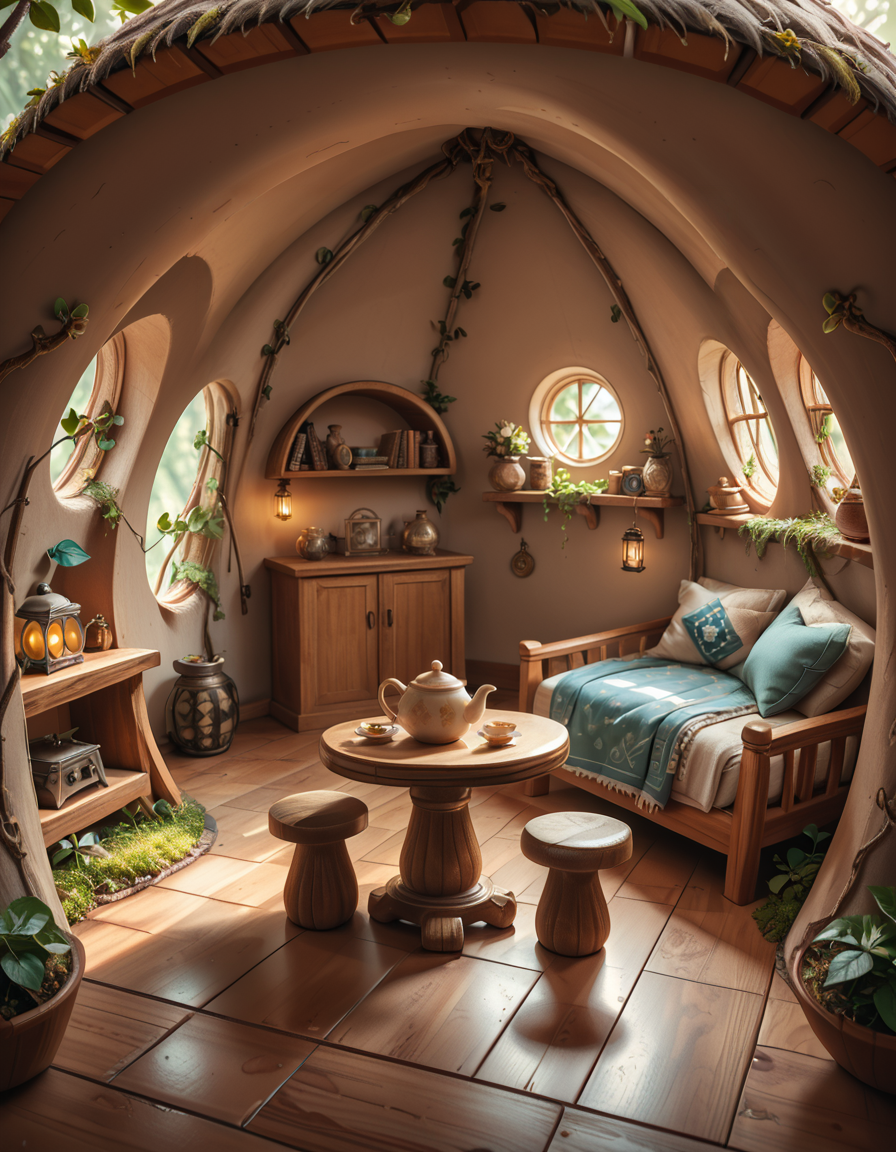 score_9, score_8_up, score_7_up,amazing quality, ultra realistic, 3D, HD, best quality, amazing quality, very aesthetic, absurdres
A highly detailed, realistic photograph of a tiny gnome house nestled at the base of an ancient oak tree, taken in soft morning light with a gentle mist hanging in the air. The house is crafted from natural materials: smooth stones form the lower walls, and curved wooden planks create a round, thatched roof with patches of moss and small wildflowers growing on top. Tiny circular windows with stained glass panels glow faintly from within, casting warm amber and green hues. A miniature wooden door with intricate carvings sits slightly ajar, surrounded by tiny lanterns that hang from delicate hooks, each softly glowing. Around the house, the forest floor is covered in dew-kissed clover, mushrooms of varying sizes and colors, and winding little cobblestone paths. In the background, tall ferns and oversized leaves tower, giving the scene an enchanted, hidden feel. Subtle rays of sunlight break through the canopy above, highlighting fine details with a dreamy, ethereal atmosphere. Hyper-realistic style, high-resolution, rich earthy tones, with an overall cozy and magical woodland vibe. No creatures or people, only nature and the charming architecture of the gnome's home.
<lora:SDXLFaeTastic2400:0.4> <lora:extremely_detailed:0.4> extremely detailed,tiny gnome h0us3 <lora:tiny_gnome_h0us3-p:1>