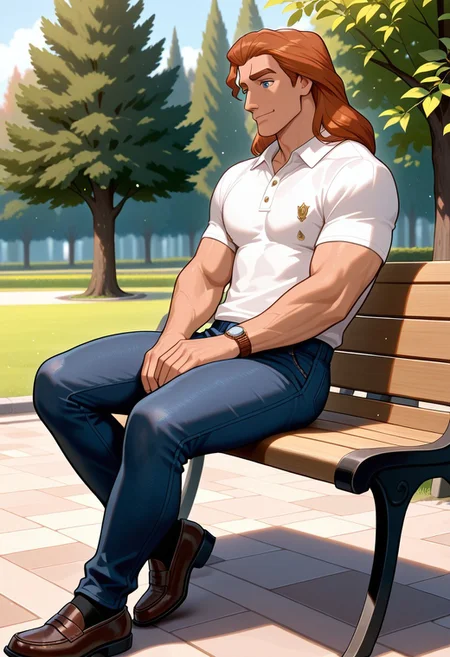 masterpiece,best quality,amazing quality,very aesthetic,absurdres,newest, huge filesize, Prince_Adam_BTB, 1man male focus, solo, auburn hair, blue eyes, lean and athletic, mature, long hair, strong, long legs, tall, manly, masculine, classy, artistic, relaxed look, small smile, park, sitting on a park bench, Polo shirt, loafers, dark denim jeans, wristwatch