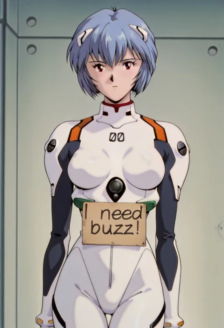 masterpiece, best quality, 1girl, rei ayanami, ayanami rei, blue hair, short hair, red eyes, mature female, breasts, retro artstyle, anime screencap, bodysuit, headgear, plugsuit, white bodysuit, solo, cool background, need_buzz, holding sign