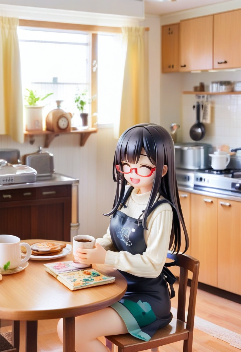 score_9, score_8_up, score_7_up, rating_safe, masterpiece, best quality, absurdres, unity 8k wallpaper, official art, official style, source_anime, uncensored, game cg, megami magazine,
1girl, solo, glasses, black hair, long hair, white ribbed sweater, black apron,  happy, smile, looking at viewer, closed eyes, open mouth, own hands together,
JPkitchen, calendar (object), chair, indoors, scenery, window, sink, wooden table, lamp, kitchen, curtains, cabinet, clock, cofee mug, coffee, 
<lora:JP_kitchen_PONY_V1:1>