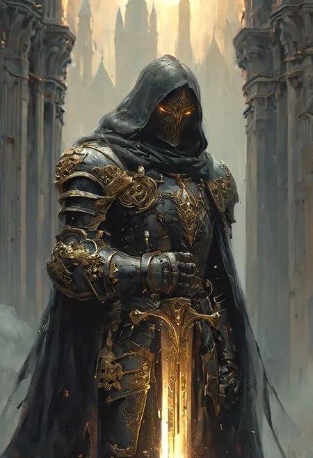 A stunning, highly detailed dark fantasy full body illustration of a proud godly warrior wearing intricate medieval golden and black HKStyle armor and an epic golden and black ornamented mask, holding a great golden glowing sword, golden glooming eyes, very wide shoulders, wearing big gauntlets, epic composition. The warrior stands heroic with a flowing black cloak and black hood with foggy gloom and golden dust, godrays in the background, clear sky. The scene depicts him with brooding emotional agony , style by Greg Rutkowski, by Milo Manara and Russ Mills, with insanely intricate details and textures, gloomy dramatic lighting, 8K resolution