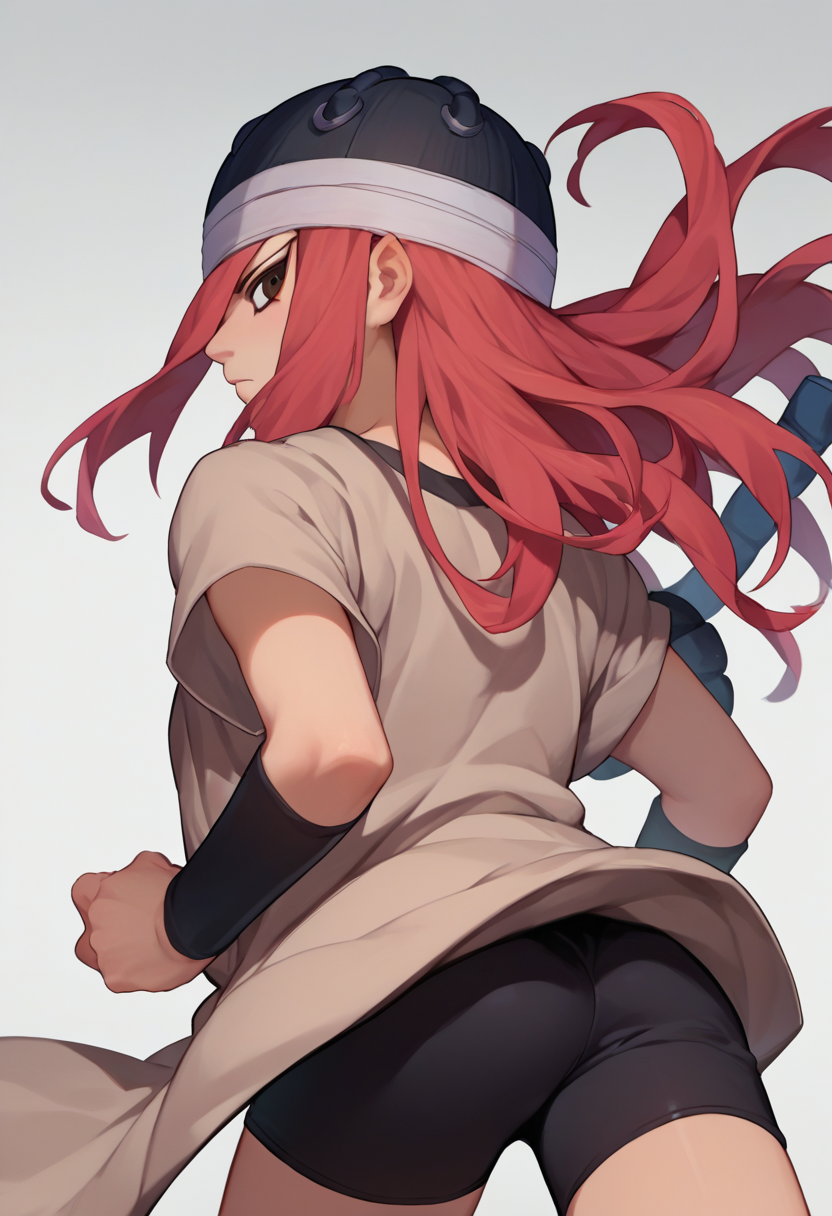 score_9, score_8_up, score_7_up, source_anime,  <lora:Tayuya-000012:1> tayuya, red hair, long hair, brown eyes, tan tunic,  arm warmers, black headwear, black shorts, from behind,