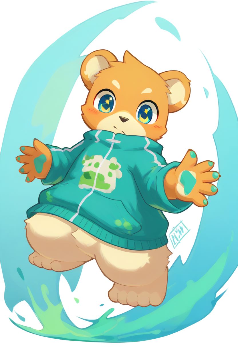 score_9, score_8_up, male, solo, full body, digital art, highly detailed, <lora:CuteMixPDv4:1>, zPDXL2, zPDXLpg, zPDXL, bear, green shirt, big eyes, large pupil, look at viewer, furry, kemono, cute, anthro, zavy-splsh, paint splash, green paint splash