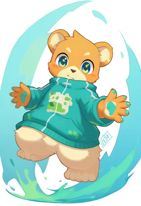 score_9, score_8_up, male, solo, full body, digital art, highly detailed, <lora:CuteMixPDv4:1>, zPDXL2, zPDXLpg, zPDXL, bear, green shirt, big eyes, large pupil, look at viewer, furry, kemono, cute, anthro, zavy-splsh, paint splash, green paint splash