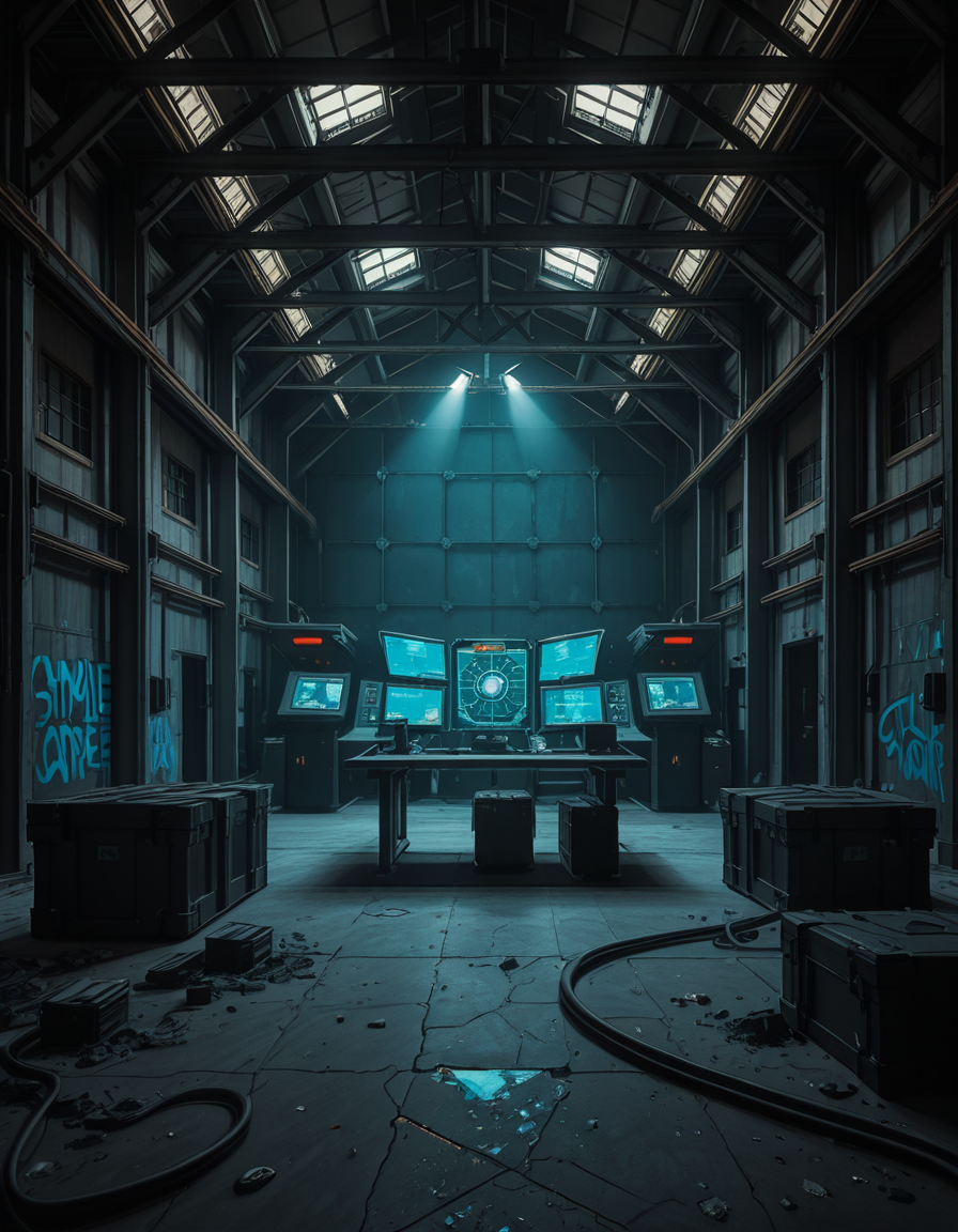 A dark, abandoned warehouse transformed into a villain's secret lair. The structure is massive and industrial, with rusted steel beams, shattered windows, and crumbling concrete walls covered in old graffiti. The floor is dusty and cracked, with scattered debris and oil stains. Dim red and blue lights glow from hidden sources, casting eerie, atmospheric shadows throughout the space. In the center, a high-tech command station glows with holographic maps, control panels, and futuristic computer screens. Advanced equipment, weapons racks, and strange scientific devices are neatly arranged on steel tables. Thick black cables snake across the floor and dangle from the ceiling. Makeshift metal dividers and reinforced crates create hidden zones for operations and storage. The setting is cinematic, mysterious, and tense, with dramatic lighting, high contrast between dark corners and glowing tech, and a realistic, moody art style â like a scene from a dystopian sci-fi thriller. No people or figures are present. 
<lora:SDXLFaeTastic2400:0.4> <lora:extremely_detailed:0.4> extremely detailed,villain secret l41r, <lora:villain_secret_l41r-i:1>, Masterpiece,best quality,hi res,8k,hi res,8k,award winning,(sharp focus, intricate, highly detailed),