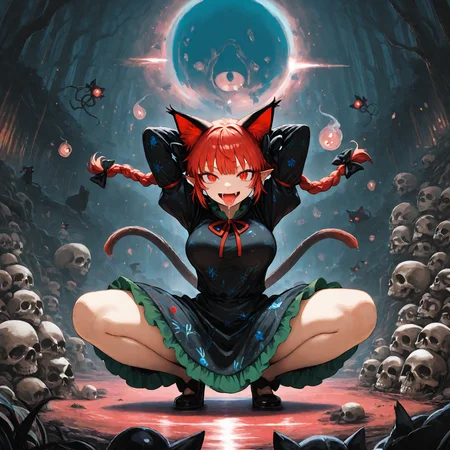 munakata_(sekimizu_kazuki), hamada_yoshikazu,negative space, cinematic shot, masterpiece, highres, absurdres, newest,  wide shot, ,slimes_skullwm,made of skulls,kaenbyou_rin, touhou, 1girl, pink_hair, red_eyes, solo,animal_ears ,black_bow, black_dress , braid,breasts, cat_ears , dress,extra_ears, fang ,frilled_dress ,frills, hair_bow ,large_breasts ,long_eyelashes  ,long_sleeves ,looking_at_viewer ,multiple_hair_bows, pointy_ears ,red_bow , red_hair, slit_pupils, smil,tight_clothes ,tight_dress, twin_braids ,fang, crazy_eyes ,crazy_smile ,hands behind head, arms up, squatting, tongue, tongue_out , saliva,saliva_trail ,saliva_drip ,open mouth,
<lora:SlimesSkullWM:1> <lora:ponyv5_noobE11_1_adamW:0.7> <lora:illustrious_noobai_epsilon_pred_11_very_aesthetic_v1:0.7> , <lora:kaenbyou_rin_image6792_2023-12-20:0.6>
