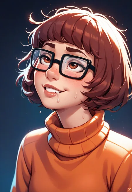 score_9, score_8_up, score_7_up, score_6_up, score_5_up, score_4_up, 1girl, Velma dinkley, square glasses with blue lenses, freckles, messy bob cut, blushing, sweat, close up of face looking up out of panel, side smirk, drool, dark background, orange turtleneck