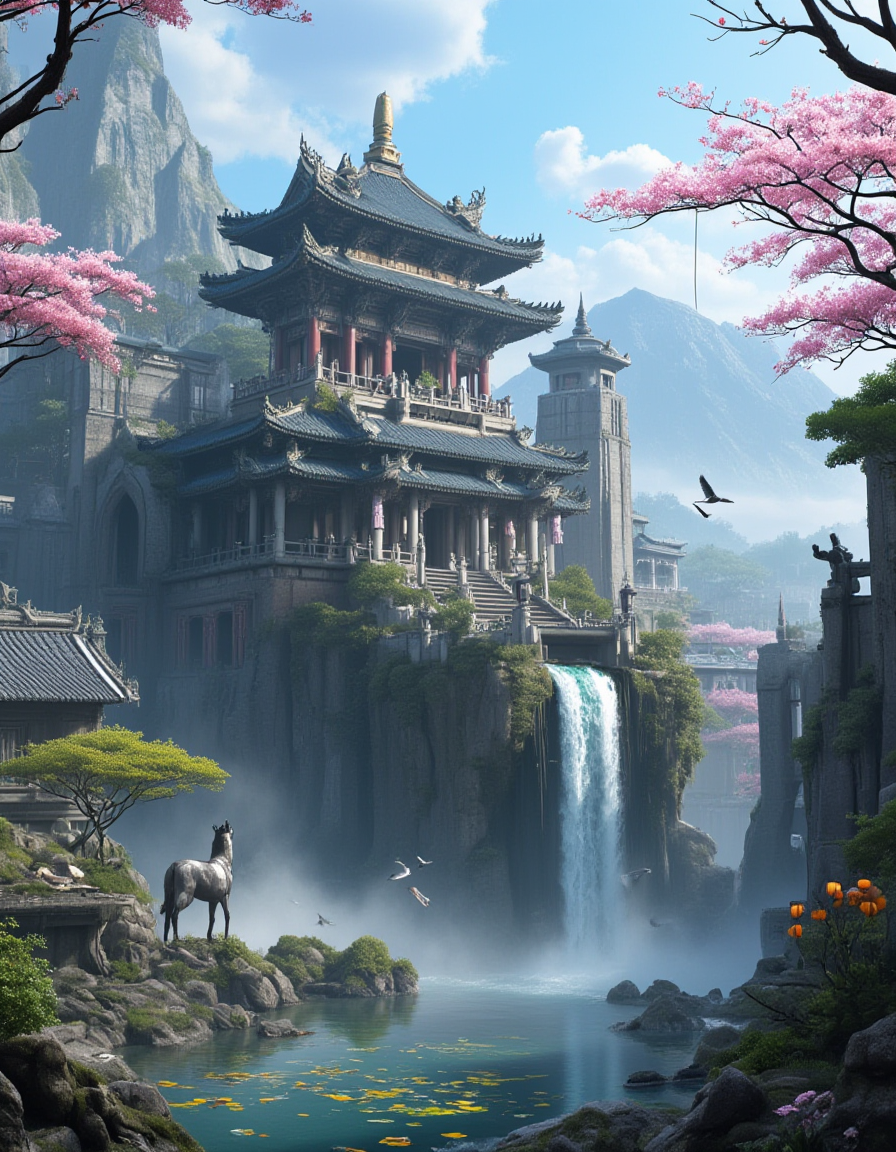 <lora:City_Worlds_02__Lost_-_Temple:1> cw02lost, a forgotten, asian old temple city on a mountain, fog, misty mountains, waterfall, lanterns, pond, cherry blossom, giant roots, birds, sunny day, blue sky, clouds, sun shades, unicorn