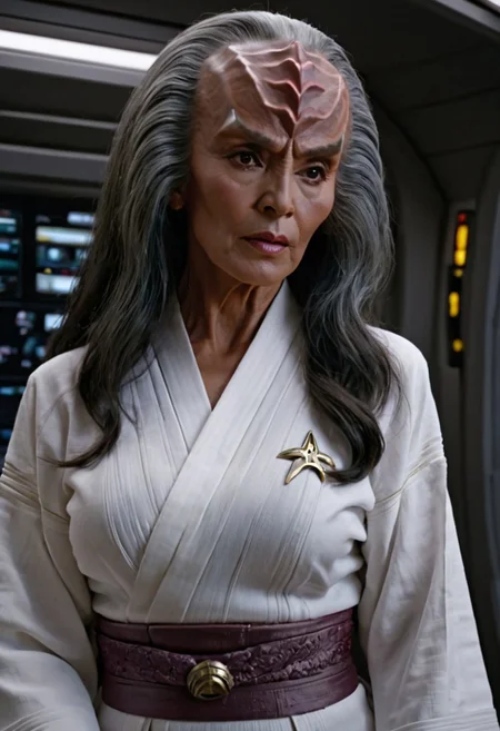 old Klingon female, flashing her breasts and nipples, grey hair, 8k, high resolution, cinematic scene, on a spaceship, white cotton kimono style uniform, kimono open in the front exposing her breasts, very detailed face, detailed eyes, matching eyeballs++, detailed irises, dark lighting, dark hair, (mouth closed).