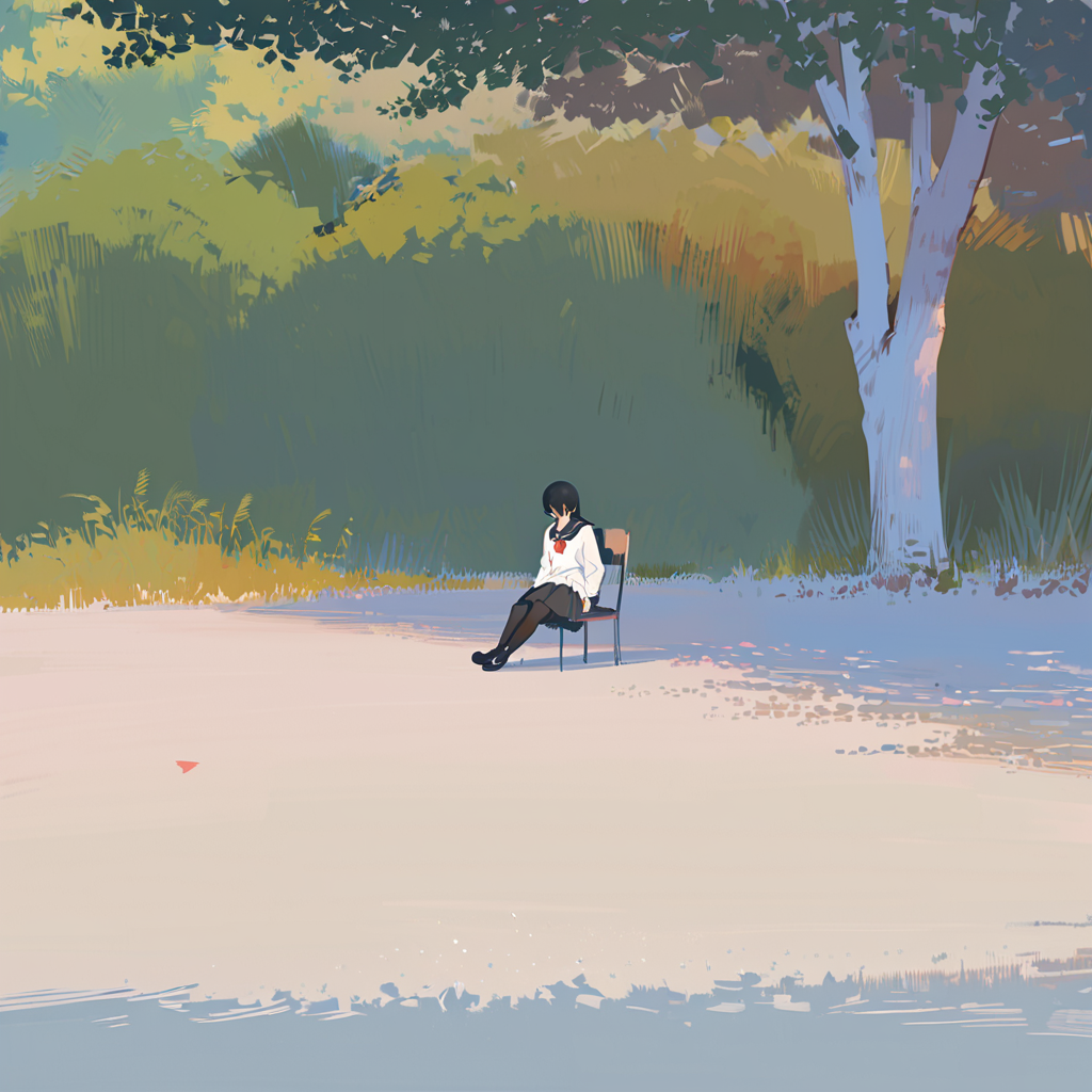 masterpiece, best quality,  <lora:style44-xl-a31:1>,1girl, solo, outdoors, black hair, sitting, grass, tree, school uniform, skirt, pantyhose, serafuku, long hair, sailor collar, scenery, black skirt, black pantyhose, wide shot, black sailor collar, long sleeves, shirt, white shirt, neckerchief, black footwear, pleated skirt, day, bangs, chair, shoes