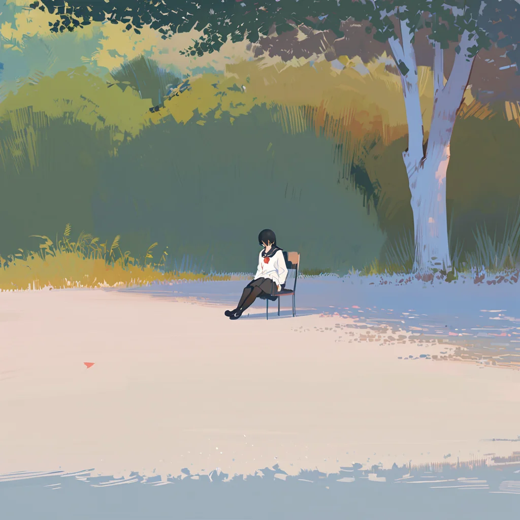 masterpiece, best quality, <lora:style44-xl-a31:1>,1girl, solo, outdoors, black hair, sitting, grass, tree, school uniform, skirt, pantyhose, serafuku, long hair, sailor collar, scenery, black skirt, black pantyhose, wide shot, black sailor collar, long sleeves, shirt, white shirt, neckerchief, black footwear, pleated skirt, day, bangs, chair, shoes