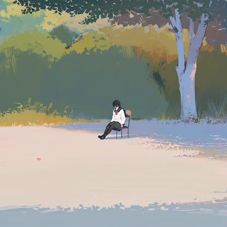masterpiece, best quality, <lora:style44-xl-a31:1>,1girl, solo, outdoors, black hair, sitting, grass, tree, school uniform, skirt, pantyhose, serafuku, long hair, sailor collar, scenery, black skirt, black pantyhose, wide shot, black sailor collar, long sleeves, shirt, white shirt, neckerchief, black footwear, pleated skirt, day, bangs, chair, shoes