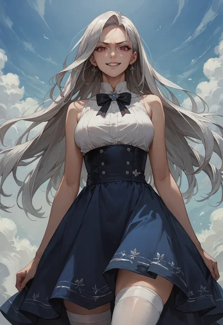 score_9, score_8_up, score_7_up, score_6_up, score_5_up, score_4_up, source_anime, high res image, masterpiece, best quality, 1girl, <lora:Kazuki Dora V2:0.8> Kazuki, silver hair, long hair, red eyes, white shirt, blue dress, black bow, white sundress, white thighhighs, looking down, stud earrings, evil smile, <lora:disgusted_face_xl_goofy:0.8> disgust, <lora:StS_age_slider_v1_initial_release:2> <lora:Concept Art Twilight Style SDXL_LoRA_Pony Diffusion V6 XL:0.8> concept art,