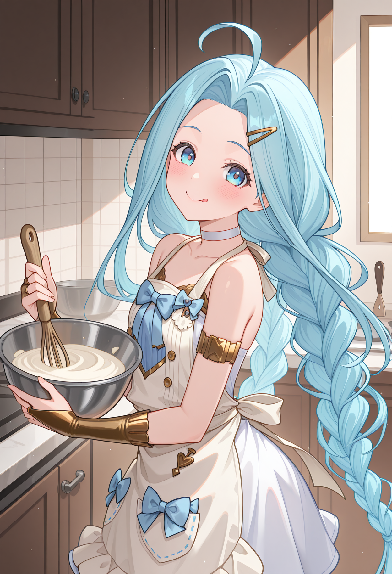 from side, indoors, kitchen, holding, mixing bowl, tongue out, looking at viewer, head tilt, blush, smile, gbfluria, light blue hair, very long hair, ahoge, blue eyes, lyrqta, twintails, twin braids, hairclip, choker, bare shoulders, collarbone, blue bow, white dress, white apron, gold trim, ribbon, armlet, bridal gauntlets, <lora:_lyria-elesico-ilxlC:1> highres, best quality, masterpiece,
1girl, solo,