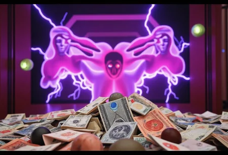 in the foreground front of screen is a depiction of $20 and $50 australian dollar notes. in the background are neat backpiles of money cash falling from sky paper money in front of camera scene similar to gozer the destructor from futuristic divinity ghostbusters with australian money cash currency falling in front of the camera multi colored bolts of high intensity electricity and lightning as well as holograms of futuristic cubes projecting around the room with eyeballs inside them
