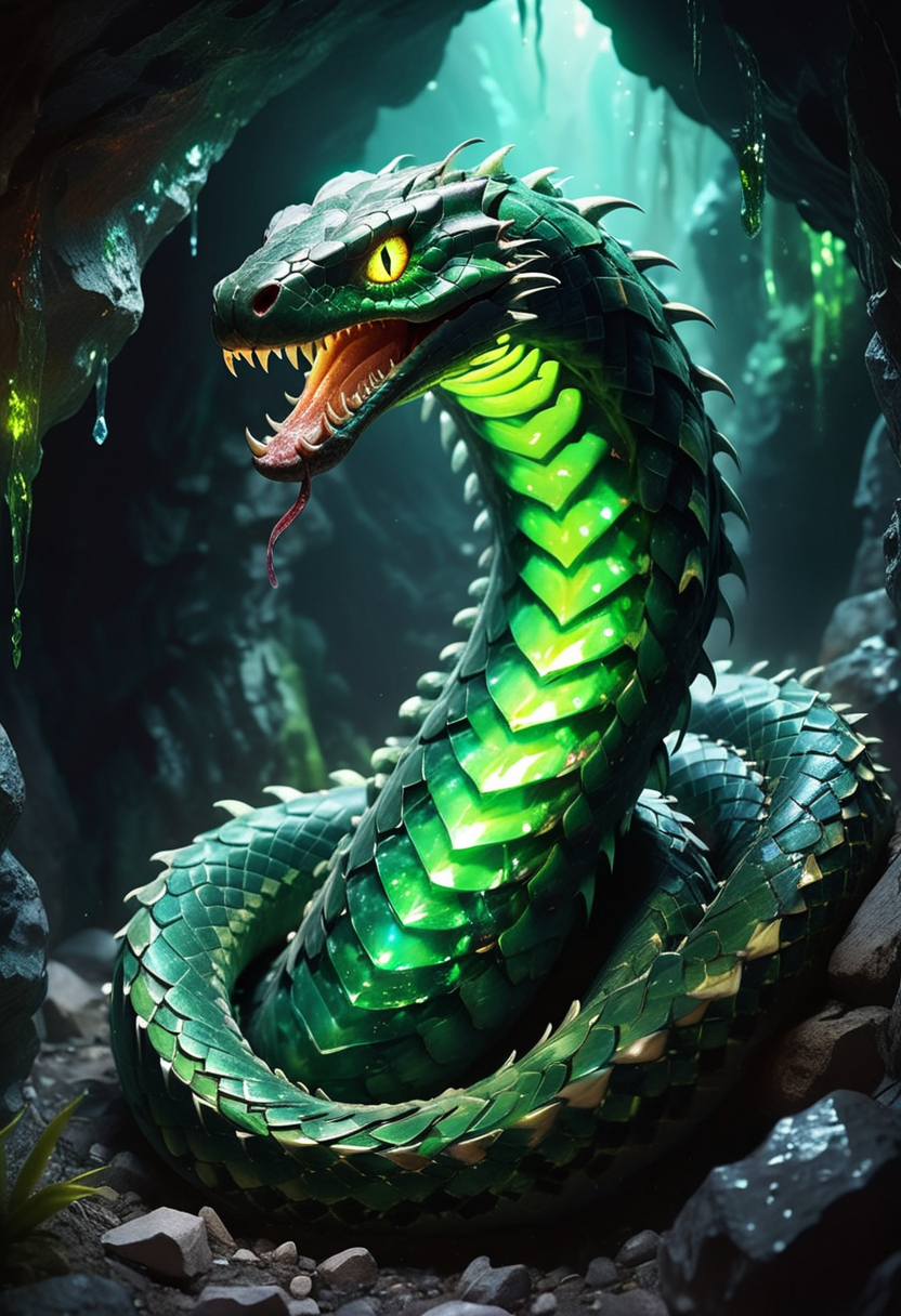 (medium full shot) of (fearsome snake) with long body, light green eyes, rainbow prismatic spiked scales, glowing fangs, coiling tail, spines along back frills, set in  a hidden cave, with glowing crystals, underground streams, narrow passages , under the moonlight, ,Masterpiece,best quality, raw photo, realistic, very aesthetic, dark