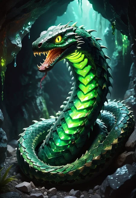 (medium full shot) of (fearsome snake) with long body, light green eyes, rainbow prismatic spiked scales, glowing fangs, coiling tail, spines along back frills, set in a hidden cave, with glowing crystals, underground streams, narrow passages , under the moonlight, ,Masterpiece,best quality, raw photo, realistic, very aesthetic, dark