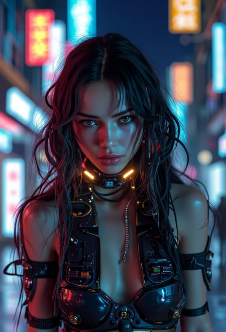 A portrait of a cyberpunk character in a neon-lit urban environment . The scene is detailed and realistic, emphasizing the futuristic, cyberpunk aesthetic. The setting is immersive, with intricate details like city lights .<lora:bv-cybstyenh-v1.safetensors:1.0:1.0>