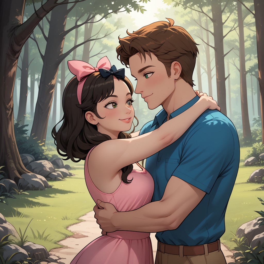 masterpiece, best quality, score_9, break. Ella_X_Topher, (1boy, Topher, Brown hair), break, (1girl, Ella, Black hair, hair bow), hug, forest, natural lighting