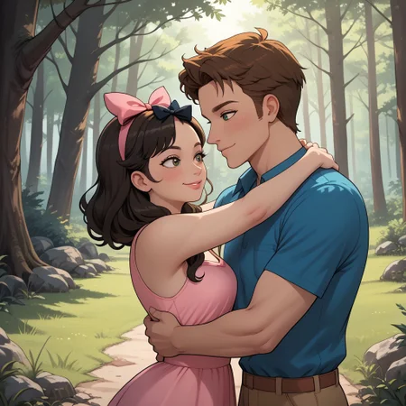masterpiece, best quality, score_9, break. Ella_X_Topher, (1boy, Topher, Brown hair), break, (1girl, Ella, Black hair, hair bow), hug, forest, natural lighting