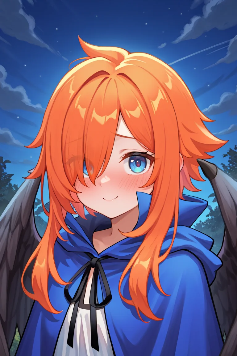 masterpiece, very aesthetic, absurdres, best quality, amazing quality, high resolution, <lora:illustrious_quality_modifiers_masterpieces_v1:0.8> , <lora:ChamIllustriousBackgroundEnhancer:0.5>,  solo,  <lora:No._367IL:0.8> , thrdef, 1girl, orange hair, long hair,  medium hair with long locks, (hair over one eye), blue eyes, wings, black wings, feathered wings, dress, white dress, short dress, blue cloak, popped collar, neck ribbon, black ribbon, ((face, portrait)), exterior, clouds, night, shy, blush,  looking at viewer,  smile,