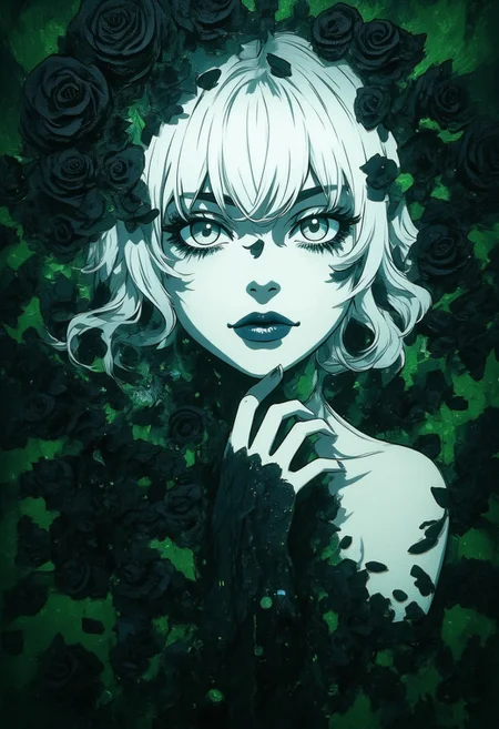 An Acrylic style painting that is expressive, gives it a dynamic and emotional quality. Anime art of a stylized portrait of a woman with a ethereal black and green mist surrounding her body. The mist creates a dramatic and surreal effect. The woman has a cold aesthetic, complimented by her white hair. Anime art of woman draped in shadows with a lighting that enhances her unique features.
The background is dark green, filled with black rose petals.
