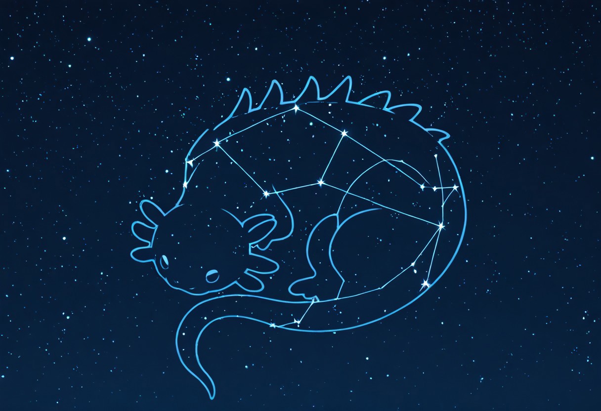 masterpiece, best quality, newest, absurdres, highres, anime, anime style, LSCV1.0, constellation, star (sky), starry sky, night sky, night, starry sky, no humans, animal, animal focus, axolotl, silhouette, monochrome,