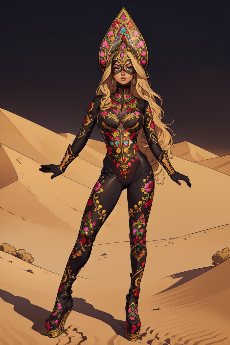 portrait, desert, Arabia, A woman with long blonde wavy hair, full body, wearing HUD_LG_911, ornate embroidered leather mask, darkened eye sockets, headdress, corset, gloves, long sleeves, bodysuit, shoes, <lora:HUD_LG_911-08:0.65>