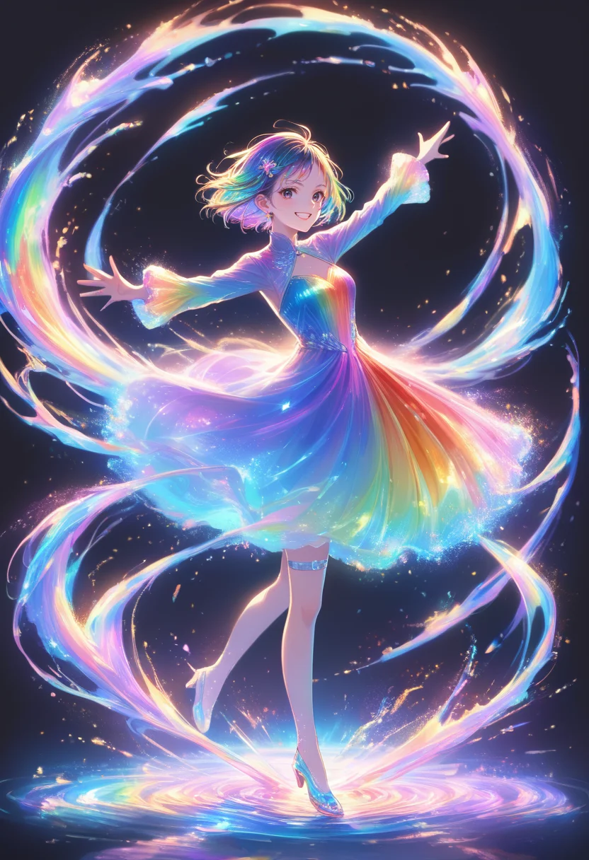 score_9, score_8_up, score_7_up, masterpiece, best quality, perfect anatomy, very aesthetic, ((outlined outlined vector graphics)),no norm,
, cute face, (glow eyes:0.8), glittering, glimmering,side view, black background, rainbow ring, looking at viewer,full body ,rainbow splash, rainbow water,
20yo, black eyes, short bob hair, hair pin,medium breast, slender,(white thigh strap:1.1), rainbow dress, dress, action pose, grin,happy, open eyes , long sleeve,rainbow hair,
jewelry, earrings, parted lips, <lora:rainbow-hair-01:1.2> <lora:rainbow-dress-01:1.0>