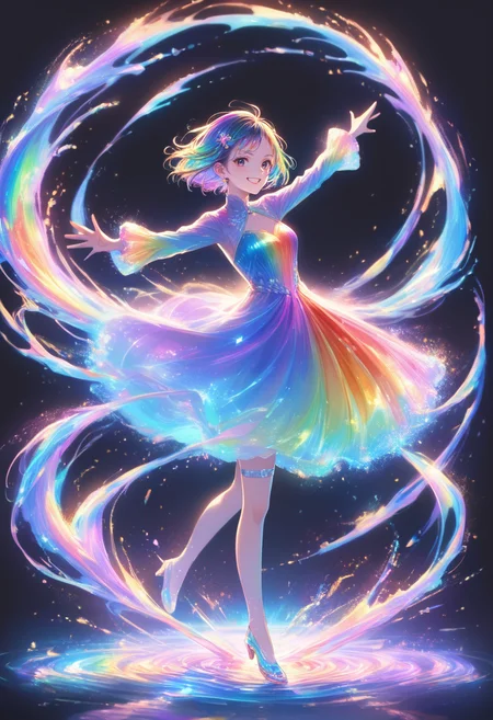 score_9, score_8_up, score_7_up, masterpiece, best quality, perfect anatomy, very aesthetic, ((outlined outlined vector graphics)),no norm,
, cute face, (glow eyes:0.8), glittering, glimmering,side view, black background, rainbow ring, looking at viewer,full body ,rainbow splash, rainbow water,
20yo, black eyes, short bob hair, hair pin,medium breast, slender,(white thigh strap:1.1), rainbow dress, dress, action pose, grin,happy, open eyes , long sleeve,rainbow hair,
jewelry, earrings, parted lips, <lora:rainbow-hair-01:1.2> <lora:rainbow-dress-01:1.0>