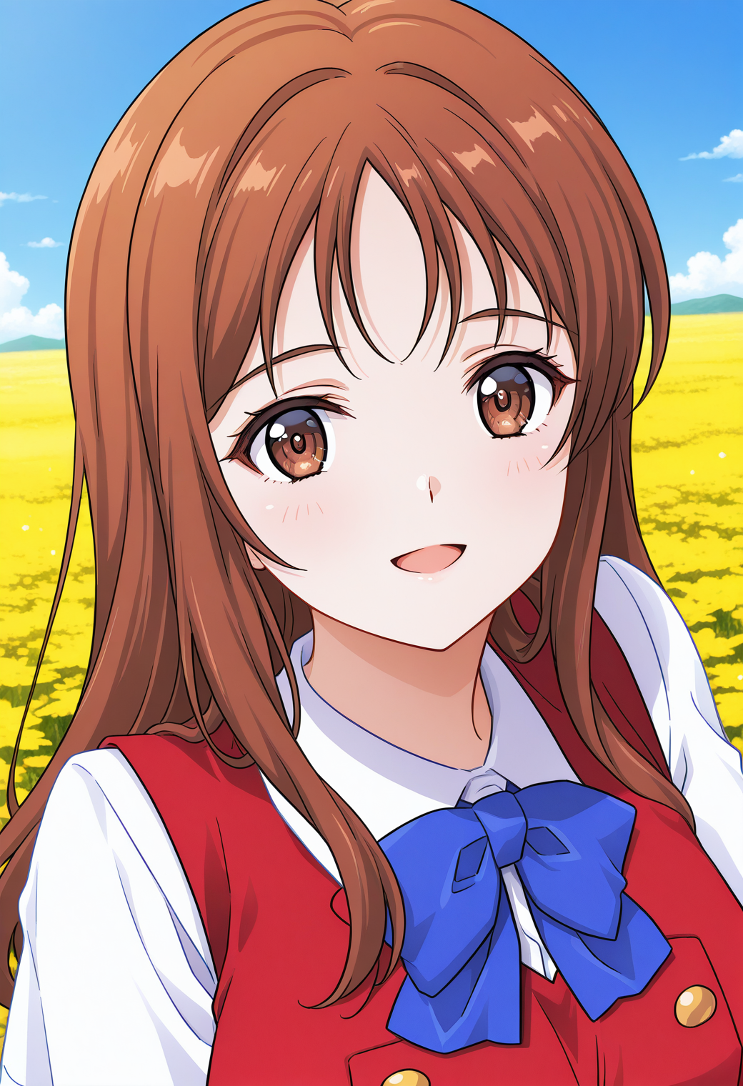 sendou_asuka, brown eyes, brown hair, long hair, blue bowtie, school uniform, short sleeves, vest, red vest, <lora:fr_sendou_asuka_illustrious_ver1:0.8> 
smile,, masterpiece, best quality, general,, (upper body:1.2), (close-up:1.2), (facing viewer:1.2), (open eyes:1.4), (portrait:1.2), 1girl, solo, (field:1.2), (blue sky:1.2), looking at viewer,