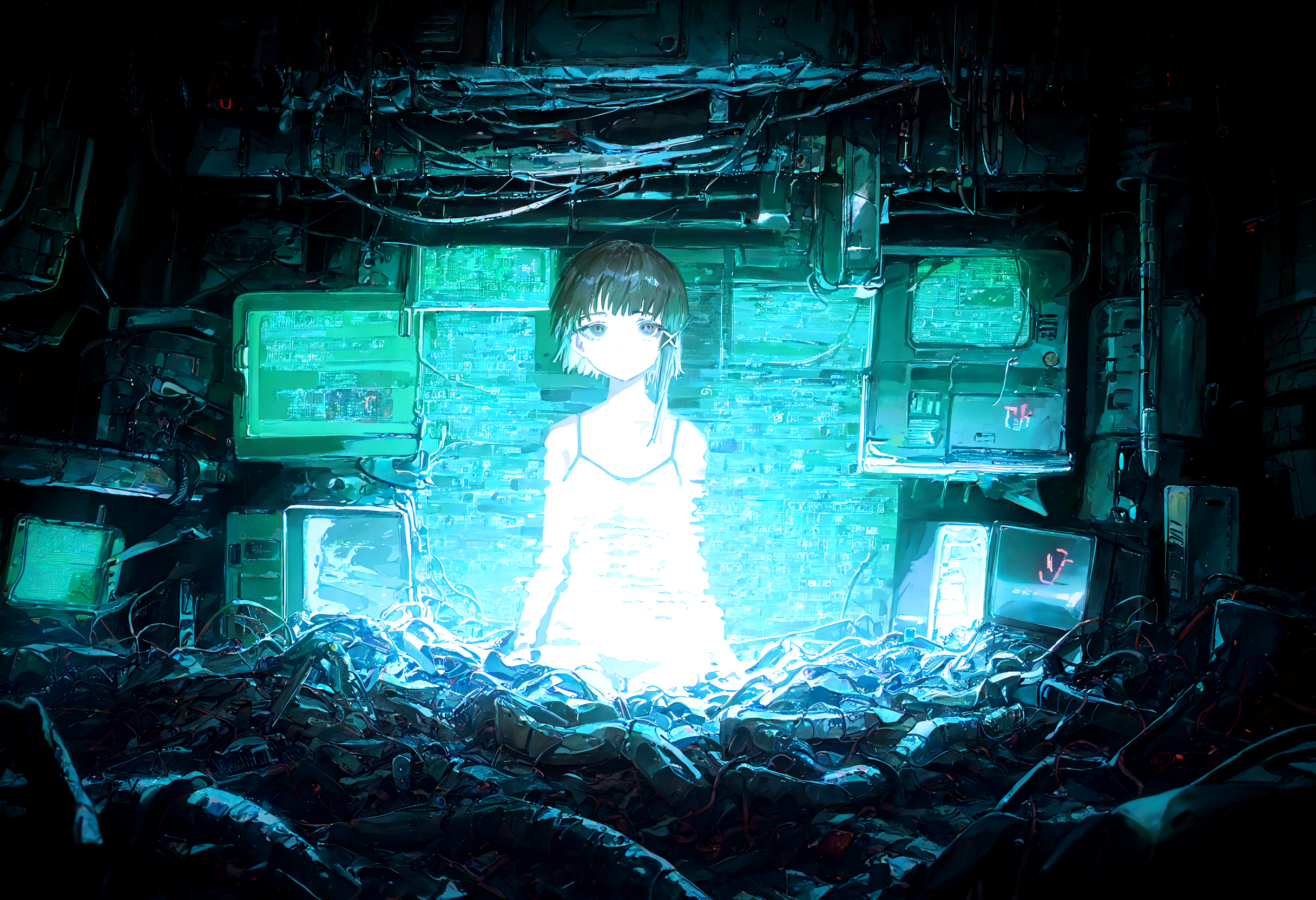 masterpiece, best quality, amazing quality, very aesthetic, absurdres,  newest,
1girl, iwakura lain,  solo,  thigh_gap , dark_background, cable, looking_at_viewer ,pile , spaghetti_strap , utility_pole,wire, monitor,entangled, digital_rain,
optical illusion,yoneyama mai,quasarcake:0.7, rolua, negative space, cinematic shot, very awa, science fiction,matrix, code, digital,computer, glitch, covered  in wire, green background, wild shot,
<lora:cfg_scale_boost:0.7>, <lora:illustrious_noobai_epsilon_pred_11_very_aesthetic_v1:0.6>, <lora:illustrious_noobai_epsilon_pred_1_masterpieces_v1:0.6>, <lora:illustrious_noobai_epsilon_pred_1_best_quality_v1:0.6>, <lora:Lain_PonyXLv3:0.7>, <lora:Code__Digital_World_Morph_v2_PONY_XL_by_UOC:0.7>, <lora:USNR STYLE_XL_loha:0.7>