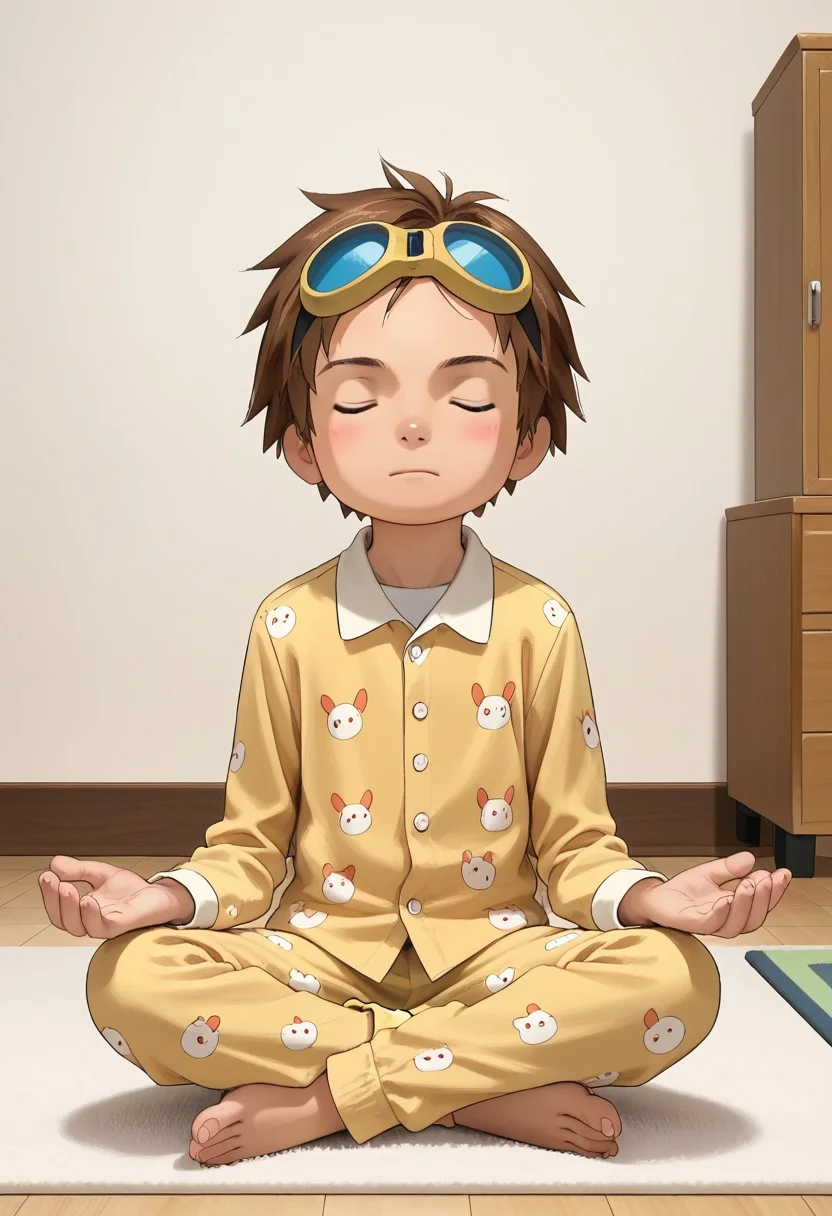 score_9, score_8_up, score_7_up, zPDXL2,
,
1boy, solo, goggles on head, brown hair,
Standing in the room wearing pajamas
hud_m3dit4tion, indian style, sitting, on floor, , pants, facing viewer, barefoot, closed eyes,