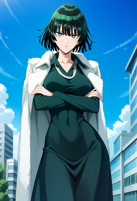 score_9,score_8_up,score_7_up,source_anime, FUBUKI_(ONE_PUNCH_MAN),1girl,solo,breasts,looking at viewer,short hair,black hair,dress,green eyes,jacket,outdoors,sky,day,black dress,blue sky,coat,crossed arms,building,jacket on shoulders,fur coat,