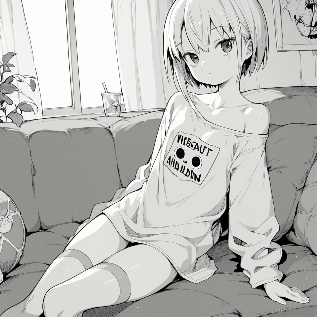 score_9, score_8_up, score_7_up, best quality, highest score, (1girl), Henrybird, monochrome, 1girl, thigh highs, (young, petite), oversized shirt, thighs, slim, off shoulder shirt,
 <lora:Henrybird_Style_XL:1>