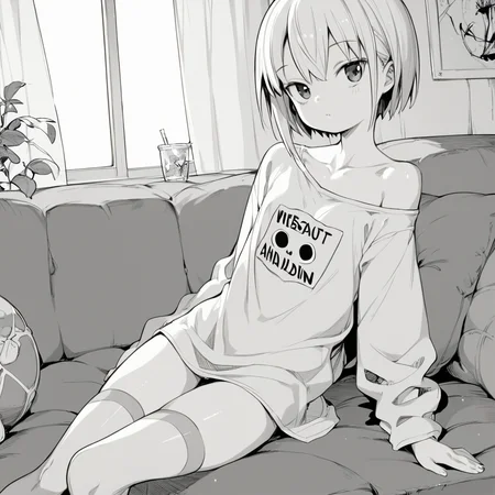 score_9, score_8_up, score_7_up, best quality, highest score, (1girl), Henrybird, monochrome, 1girl, thigh highs, (young, petite), oversized shirt, thighs, slim, off shoulder shirt,
 <lora:Henrybird_Style_XL:1>