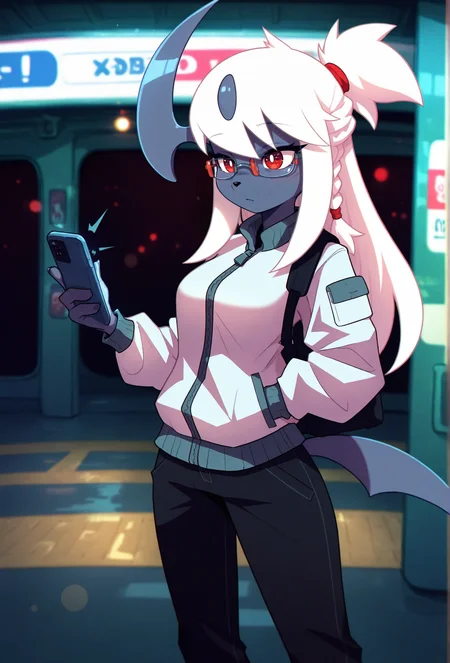masterpiece,best quality,amazing quality, <lora:groovy_smooth_style_illustrious_v1f:1> groovysmoothstyle, (chromatic aberration:1.1), 1girl, furry, furry female, absol, solo, body fur, white fur, red eyes, white hair, long hair, half up braid, sidelocks, glasses, BREAK
white jacket, black pants, subway station, (depth of field:1.2), bokeh, detailed background, dark, low lighting, dim lighting,