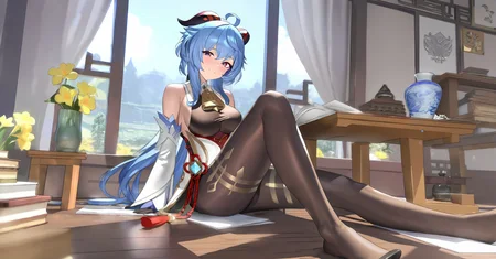 beautiful color, detailed, amazing quality, artist: 44c, 1girl, character: ganyu \(genshin impact\), solo, full body, indoors, sitting, looking at viewer, blush, smile, sideboob, black gloves, black pantyhose, detached sleeves, bare shoulders, white sleeves, tassel, vision \(genshin impact\), vase, paper, book, flower knot, gold trim, chinese knot, chair, window, white flower, thighlet, curtains, qingxin flower