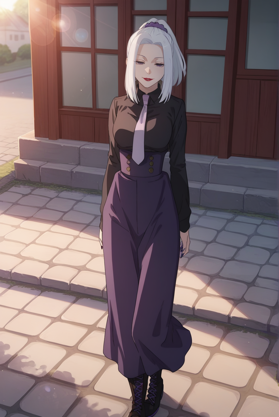 score_9, score_8_up, score_7_up, score_6_up, score_5_up, score_4_up, BREAK source_anime, 1girl, solo,
<lora:MeimeiXL-v1-06:0.8>, ChopioMeiMei, white hair, looking at viewer,
medium breasts, purple nails,
medium hair, high ponytail, sidelocks, hair scrunchie, parted bangs, purple eyes, half-closed eyes, red lipstick,
outfit_2, black shirt, shirt tucked in, necktie, purple skirt, high-waist skirt, long skirt, boots, cross-laced footwear, black footwear,
town, window, outdoors, cobblestone, smile, parted lips, sunny, sunlight, light rays, lens flare,